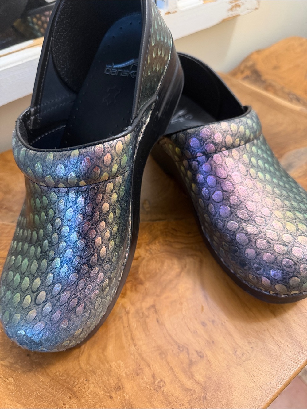 Dansko Iridescent Rainbow Snake-Print Clogs